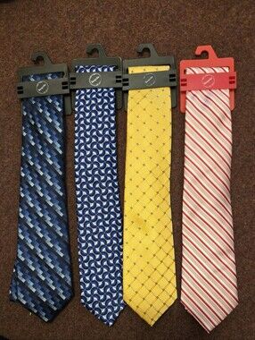 New! Men's Tie Lot Of 4 Navy Blue Yellow Red Geometroc Festive Fun